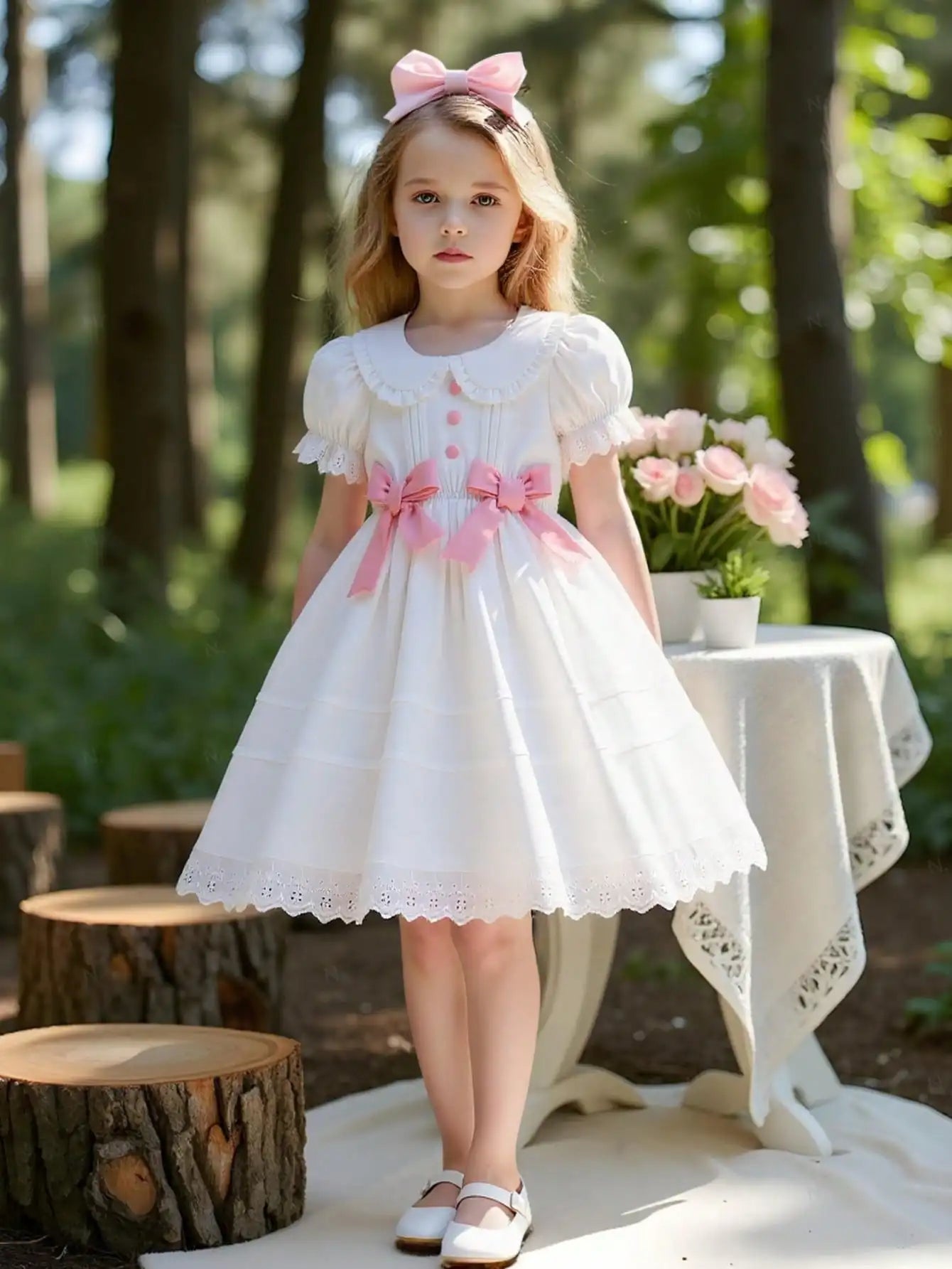 Little Girl's Romantic and Elegant White Princess-Style Dress, Decorated with Bows, Stylish Puff Sleeves, Suitable for Birthday Parties, Holiday Events, and Photography. Suitable for Little Girls Aged 4-7, for Spring a