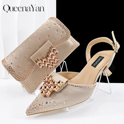 Elegant Navy Blue Handbag and Medium Heel Shoes Set with Beautiful Handmade Metal Decoration for Weddings and Parties