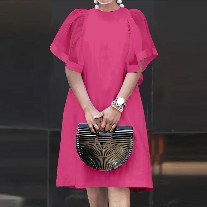 Women Vintage Vestidos Solid Mesh Patchwork Sundress Casual Summer Mini Dress Party Ruffle Short Sleeve Loose Dresses