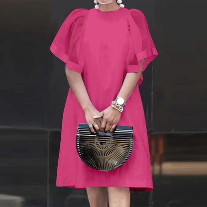 Women Vintage Vestidos Solid Mesh Patchwork Sundress Casual Summer Mini Dress Party Ruffle Short Sleeve Loose Dresses