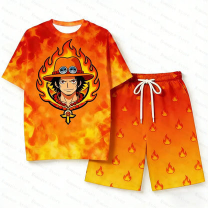 Anime One Piece Family Matching Outfits Ace Print Short Sleeve T-Shirt Shorts Set for Kids Adults Woman t-shirts and Shorts Set