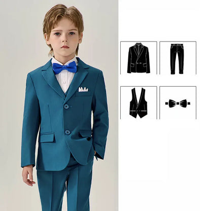 Boys Dark Green Jakcet Vest Pants Bowtie Evening Party Dress Children Wedding Photograph Suit Kids Ceremony Performance Costume