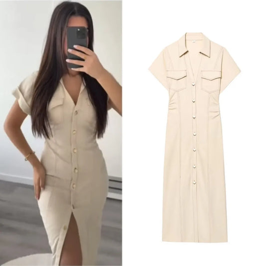 summer new  women's elegant fashion waist pleated V-neck short-sleeved temperament denim MIDI dress
