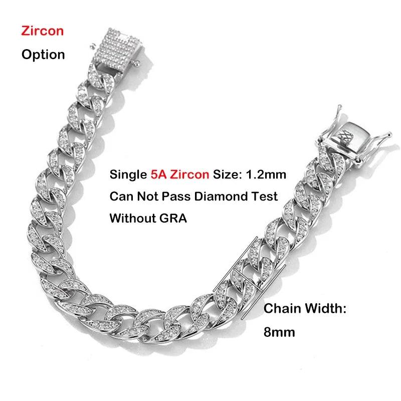 Full 1.2mm D Color Moissanite Cuban Link Bracelet For Men Women Unisex S925 Silver Pass Diamond Test 8mm Wrist Bracelets