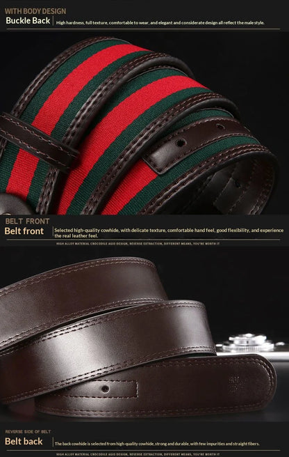 2026 New Unisex Red Green Stripe Belt 3.8cm - Durable Canvas Designer Waistband with Metal Logo, Trendy & Wear- Resistan
