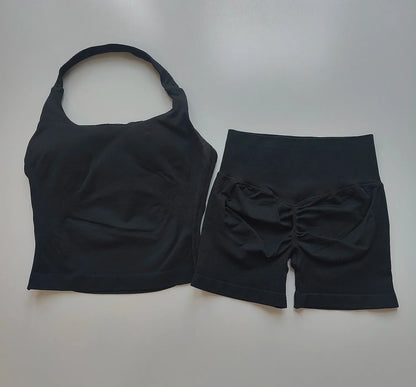 Sexy Halter Neck Beautiful Back High Waist Peach Sports Bras Shorts Suit Pilates Gathering Yoga Vest Training Fitness Bra Sets
