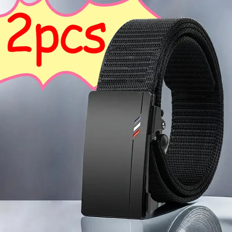2Pcs Fashion Business Men's Belt Genuine Luxury Brand Leisure Belt Automatic Buckle Belt Canvas Belt With Cargo Pants Jeans Belt