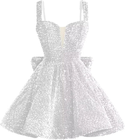 Sparkly Sequin Homecoming Dresses 2026 Short Spaghetti Straps V Neck Cocktail Party Gowns with Bow  Mini Dress Graduation Dress