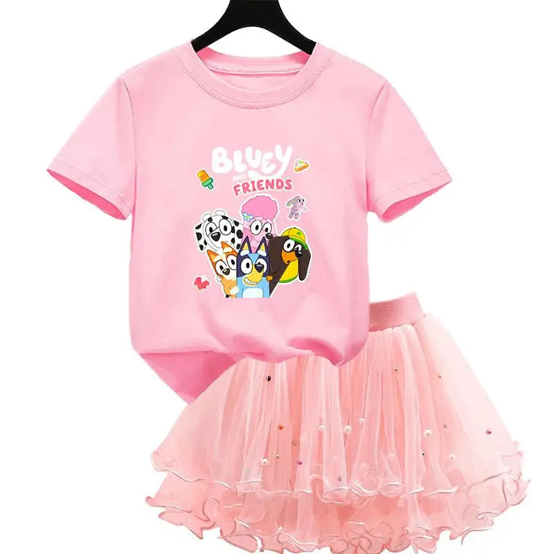 2Pcs/Set Girl Dress Kid Birthday Clothes Party Princess Dress Cartoon T-shirt+Tutu Skirt Summer Evening Christmas Gift