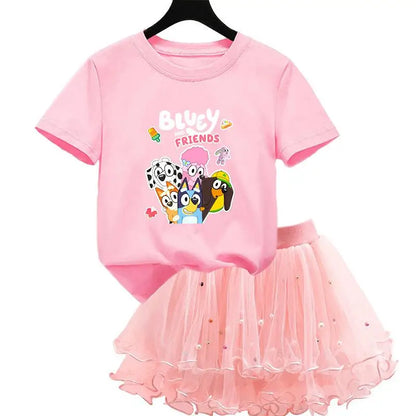 2Pcs/Set Girl Dress Kid Birthday Clothes Party Princess Dress Cartoon T-shirt+Tutu Skirt Summer Evening Christmas Gift