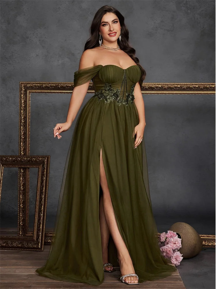 Plus Size Elegant Sleeveless Tulle Slit Evening Dresses Luxury off-the-shoulder Formal Bridesmaid Party Maxi Gowns