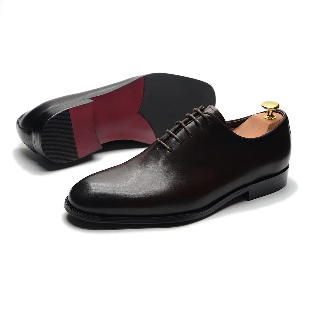 Brand Designer Whole Cut Oxford Dress Shoes Men Genuine Leather Handmade Lace Up Plain Toe Business Office Formal Wedding Shoe