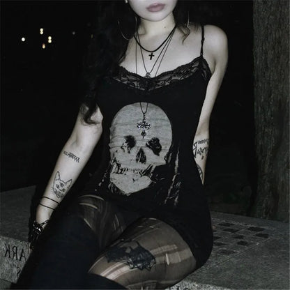 Streetwear Anime Skull Print Straps Mini Dress Fairy Lace Stitch Club Outfits Slim Sexy Bodycon Dresses Mall Gothic