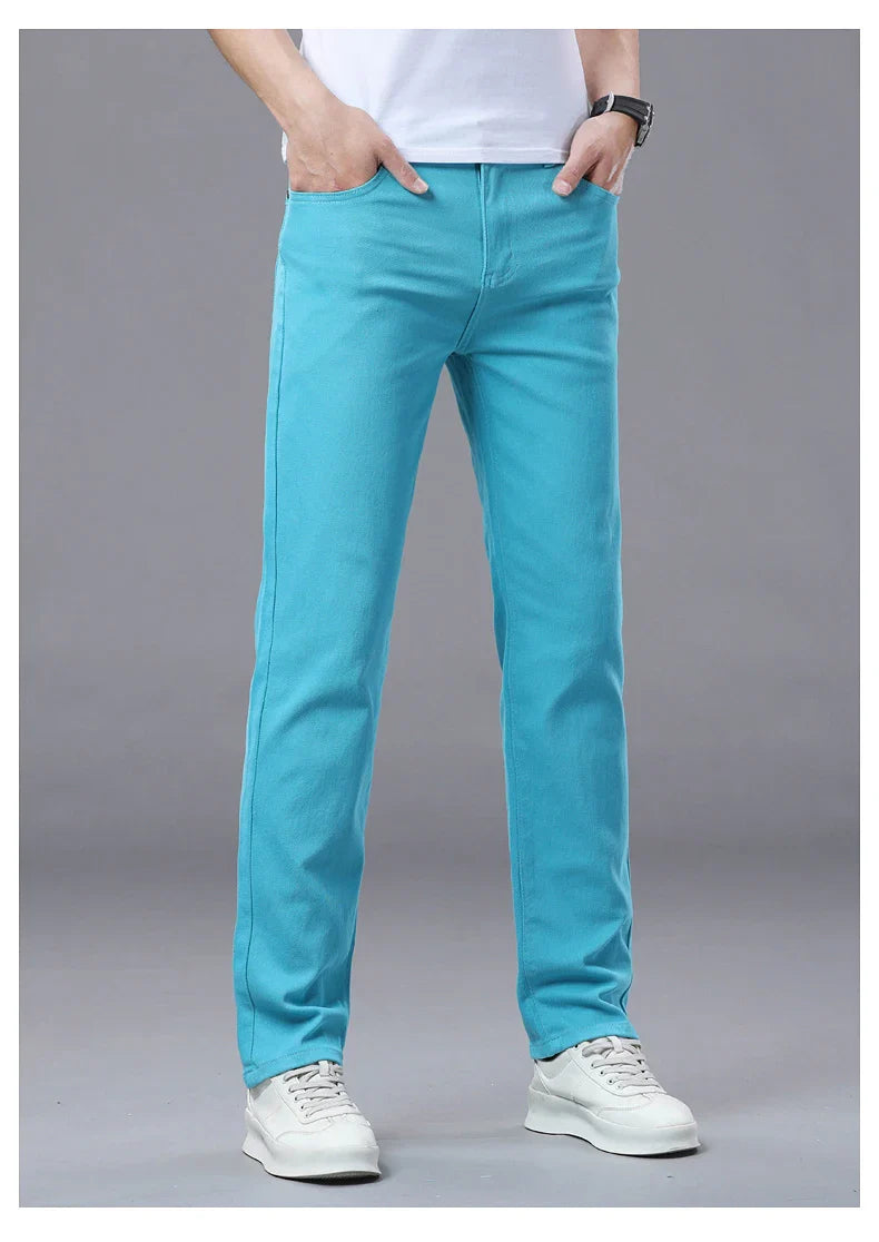Straight Fashion Men's Jeans Solid Color Casual Business Stretch Washed Denim Trousers Breathable Streetwear Trendy Male Pants