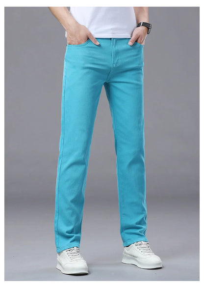 Straight Fashion Men's Jeans Solid Color Casual Business Stretch Washed Denim Trousers Breathable Streetwear Trendy Male Pants
