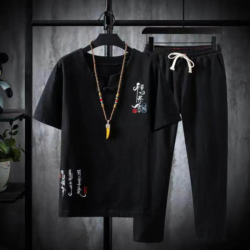(Shirt + trousers) 2025 summer Chinese Style men shirt Cotton and linen shirts men's High quality casual shirts Two Piece M-5XL