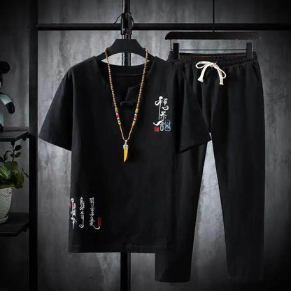 (Shirt + trousers) 2025 summer Chinese Style men shirt Cotton and linen shirts men's High quality casual shirts Two Piece M-5XL