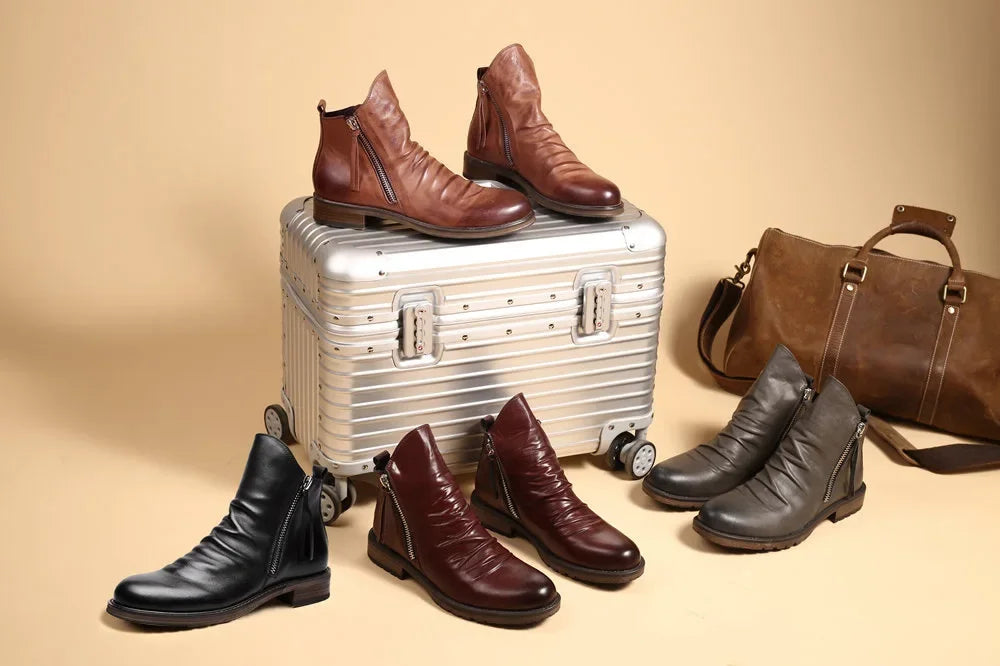 Men's Pu Boots Fashion Chelsea Men's Comfortable High Top Zipper Boots Non-slip Flat  Men's Boots Cowboy