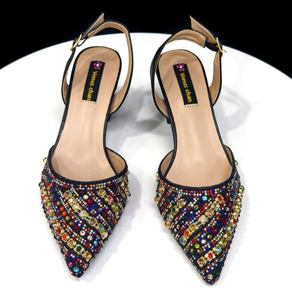 Women's Party Shoes & Bag Set – Elegant Golden Rhinestone Spring/Summer Sandals with Pointed High Heels