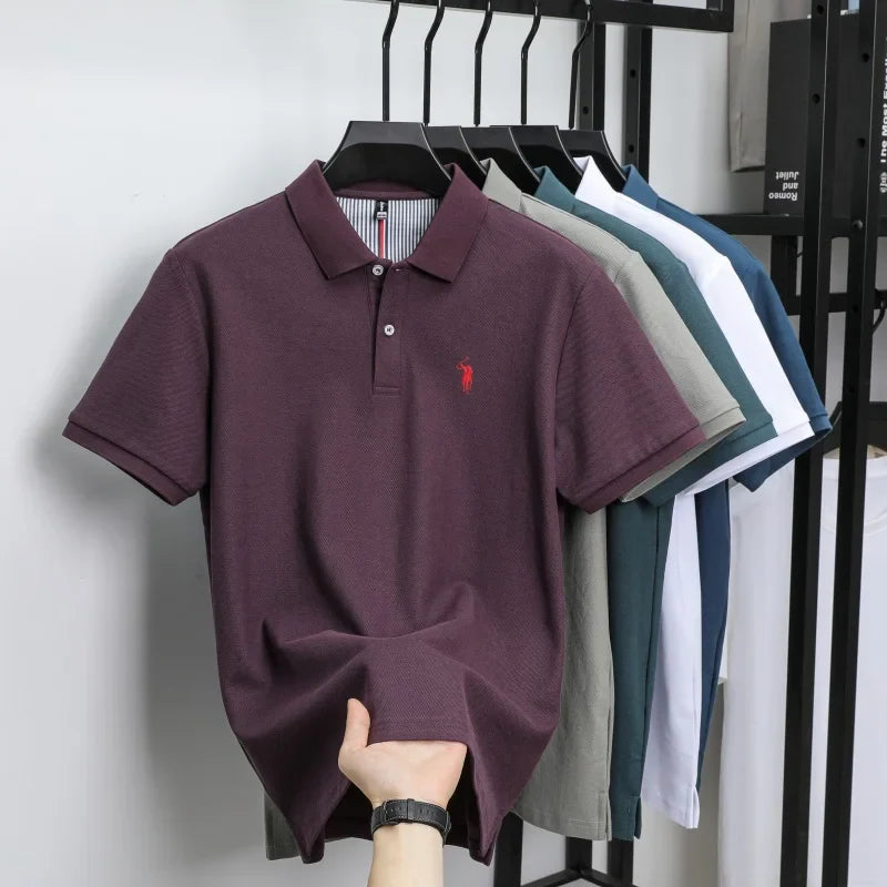 Camiseta polo masculina de algodão 100% puro, respirável, manga curta, marca de luxo, bordada, solta, casual de verão, para negócios