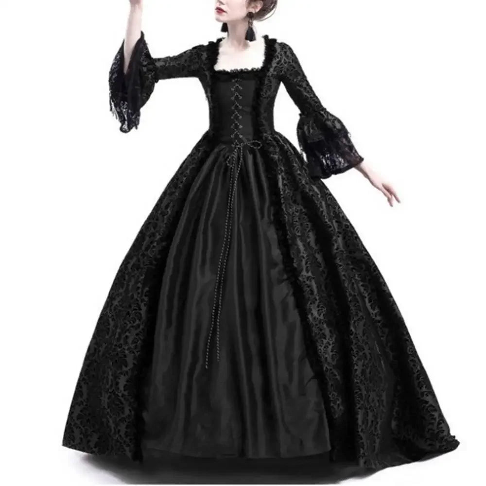 Women Vintage Medieval Gothic Square Neck Flare Sleeve Lace Patchwork Maxi Dress  bodycon dress  dresses