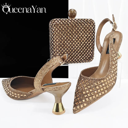Italian Design Rhinestone Luxury Navy Blue Pointed Toe Shoe & Bag Set Women High Heels for Parties High Quality