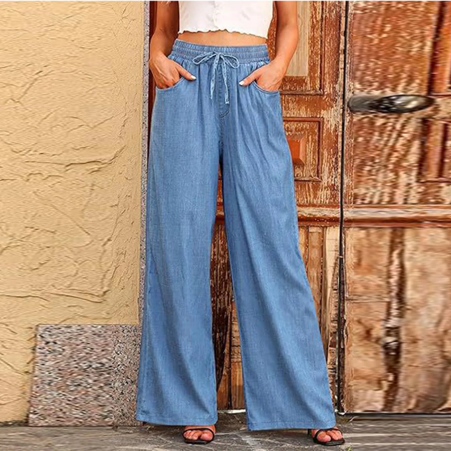 Women summer loose straight jeans drawstring pocket Sweatpants