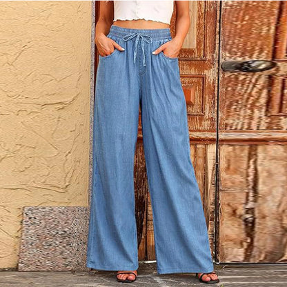 Women summer loose straight jeans drawstring pocket Sweatpants