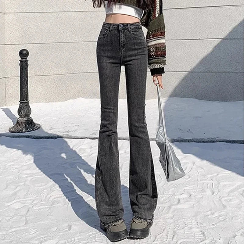 2024 Woman High Waist Vintage Flare Jeans Female Gothic Elastic Bell Bottom Pants Lady Streetwear Blue Black Grey Denim Trousers