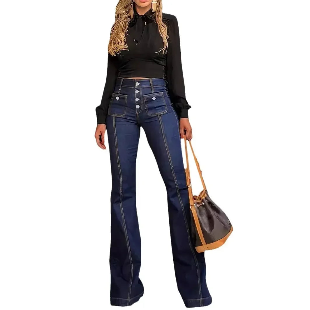 Women Jeans Flare Pants High Waist Streetwear Pockets Buttons