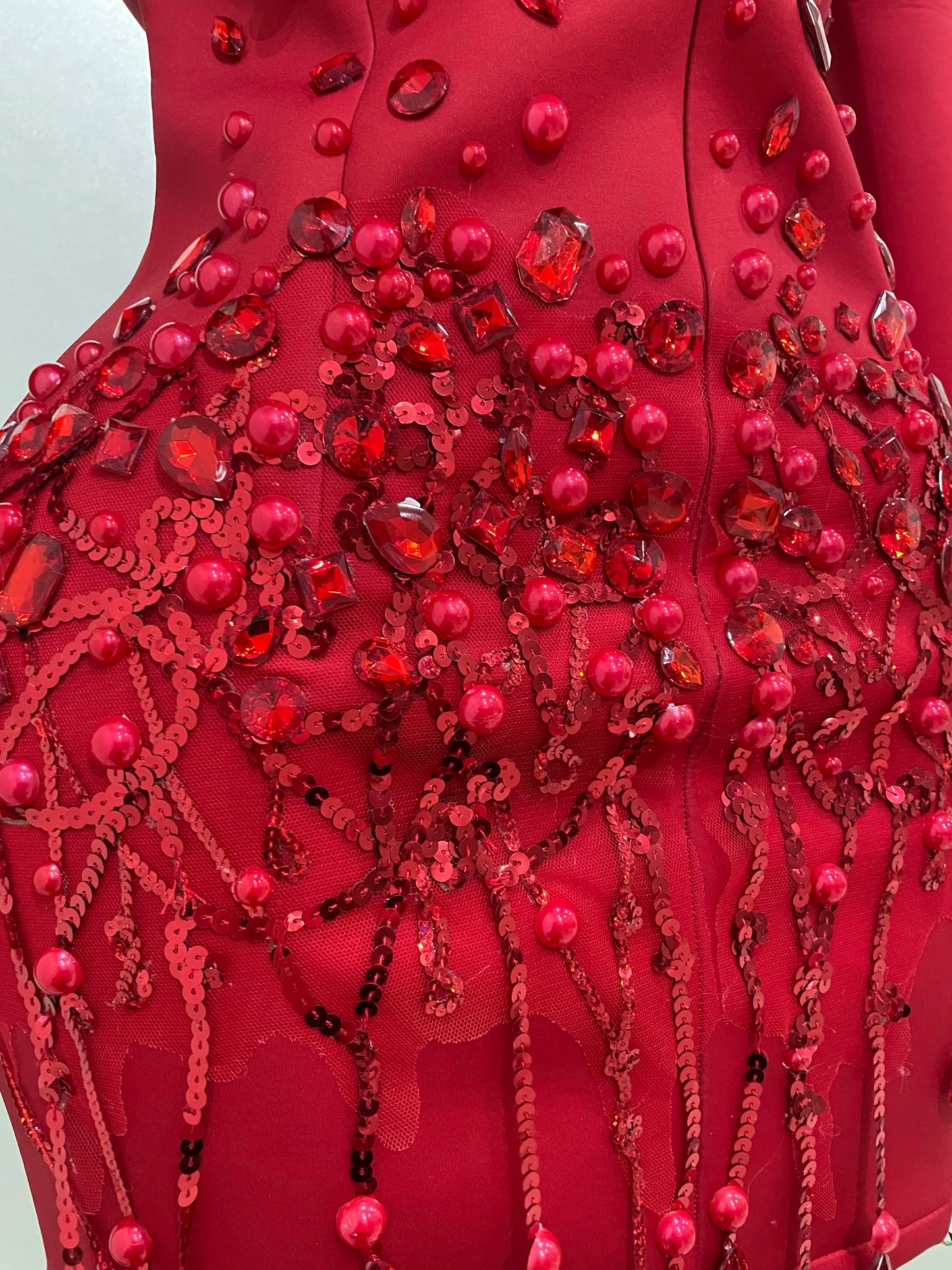Crystal Chains Pearls Long Sleeve Mini Dress 2025 Women Birthday Evening Party Nightclub Outfit Singer Wedding Costume