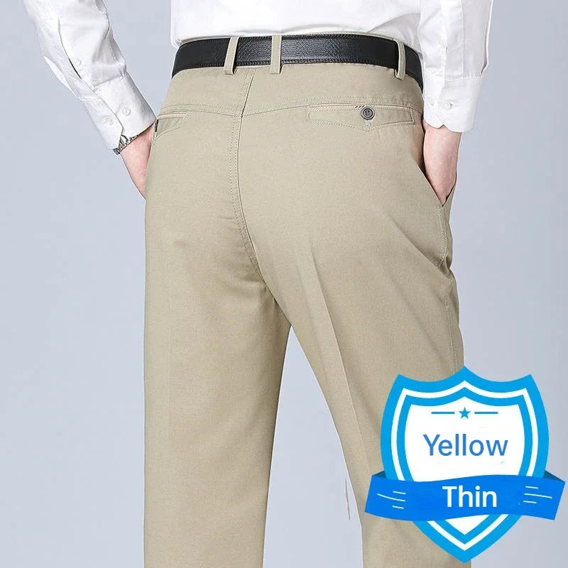Mens Summer Thin Autumn Thick 100% Cotton Suit Pant Slacks High Waist Straight Loose Bland Solid Casual Business Pants GOZBKF