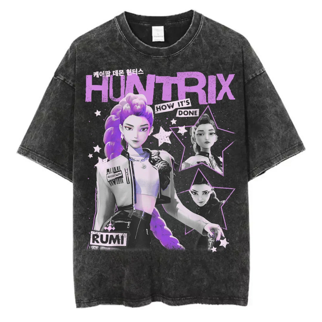 Washed Kpop Anime Demon Hunter Huntrix Girls T Shirt Kawaii Cute Fashion Unisex T-shirts Oversized Cotton Casual Vintage T-Shirt