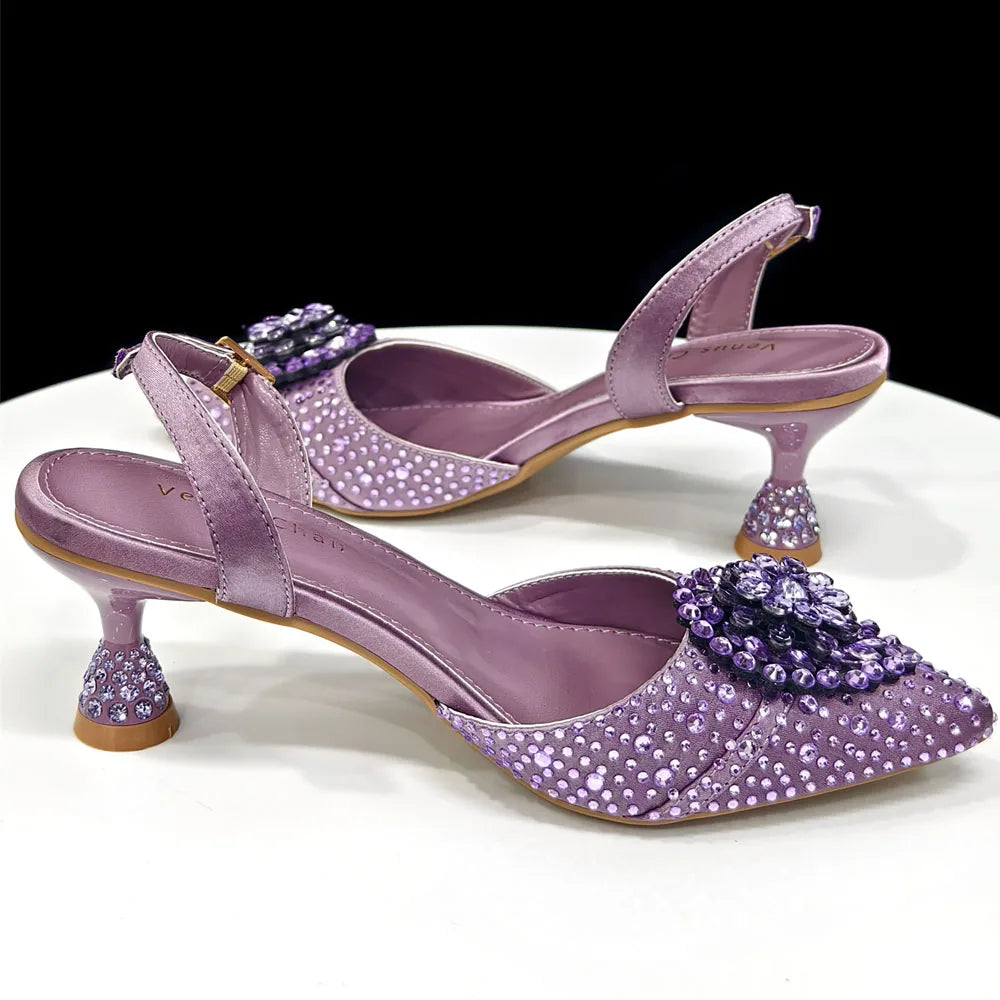 Italian Luxury Rhinestone Taro Purple Pointed Toe High Heel Shoe & Bag Set for Women - Perfect for Parties