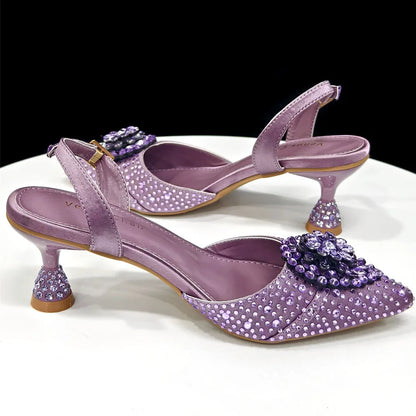 Italian Luxury Rhinestone Taro Purple Pointed Toe High Heel Shoe & Bag Set for Women - Perfect for Parties