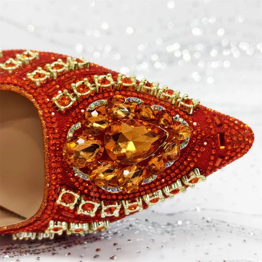 Wome High Heel for Lady 2025 Luxury Designer Orange Color Full Diamond Pointed Toe Wedding Shoe and Bag Set for Party