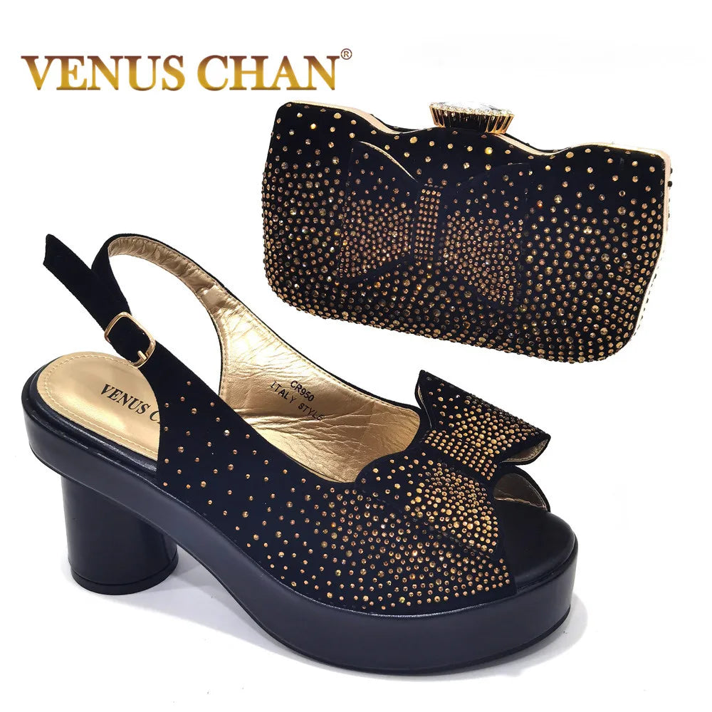 Silver Fashion Square Heels with Platform African Women Shoes and Bag Set Full Crystal Pumps for Wedding Party
