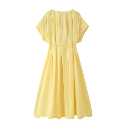 Spring Summer Vintage Women Dress Fashion Single Breasted Sashes Draped V Neck Sleeveless Chic Brown Ladies Dresses
