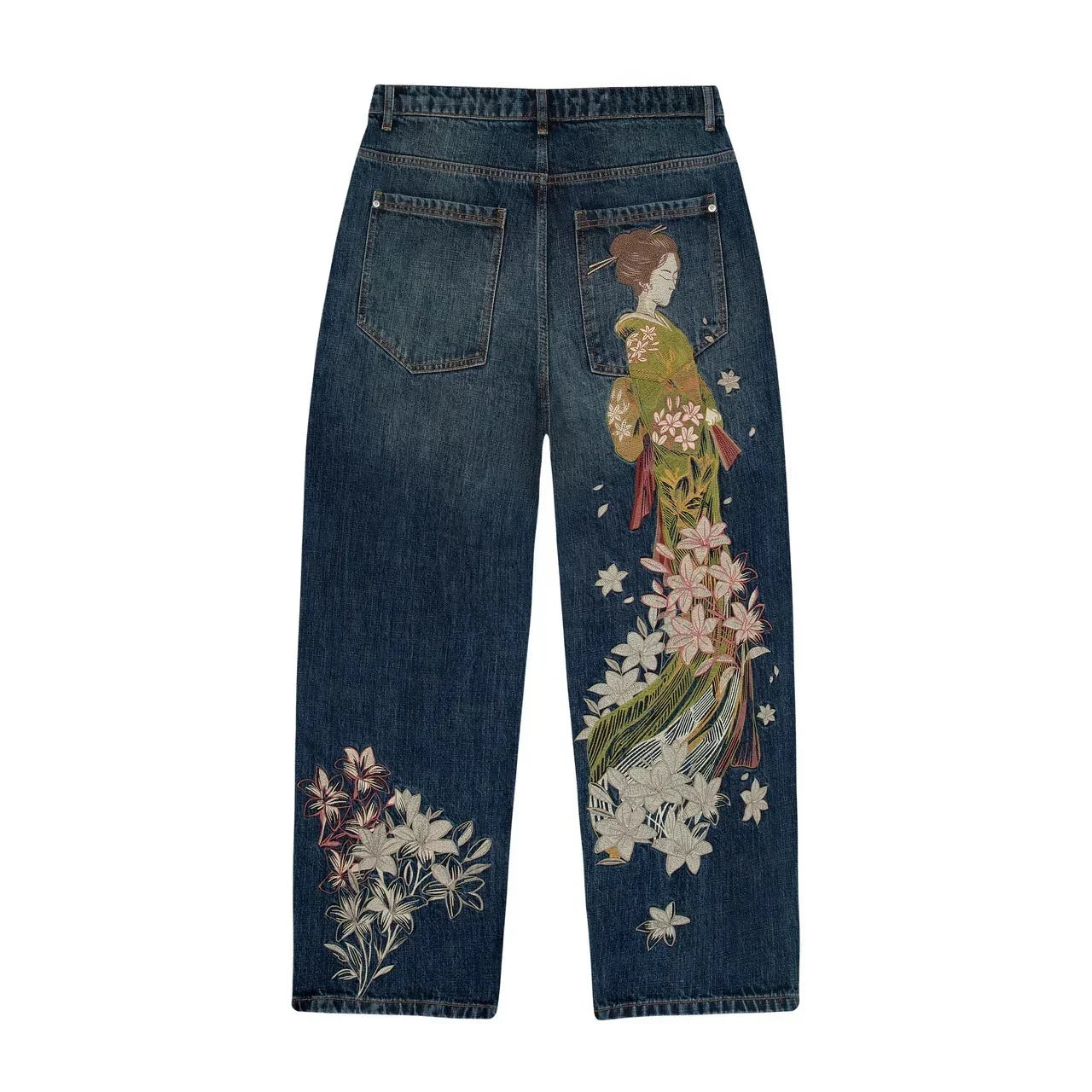 Y2K Harajuku jeans Goth vintage plum blossom embroidery pattern wide leg pants men women denim fabric American style street wear