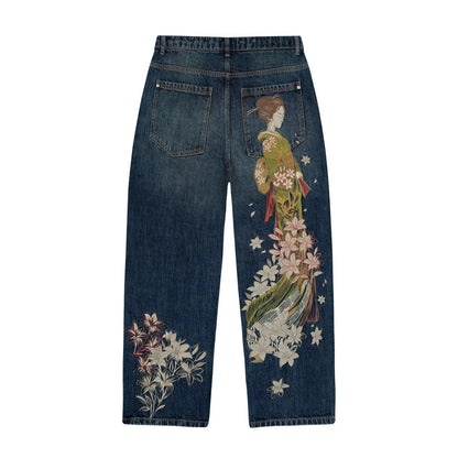 Y2K Harajuku jeans Goth vintage plum blossom embroidery pattern wide leg pants men women denim fabric American style street wear