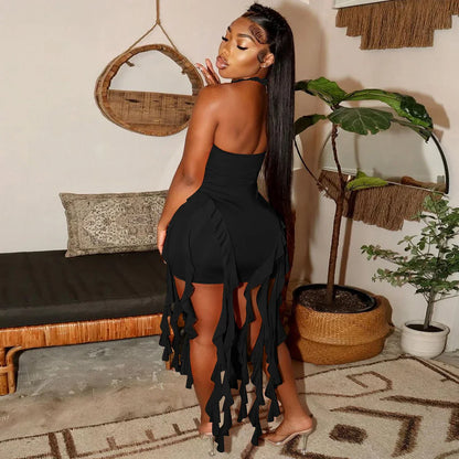 Elegant Halter Solid Ruffles Backless Taseel Sexy Slim Mini Dress Spring Women Cute Outfits Birthday Party Vacation