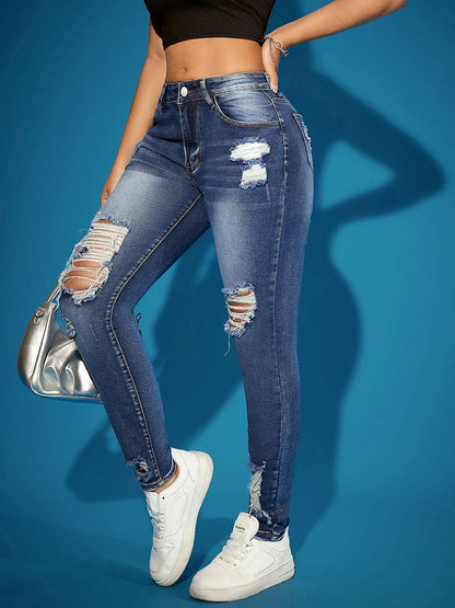 Calça Jeans Feminina Super Elástica Destruída Cintura Alta com Controle de Barriga Preta Rasgada Vintage Boate Moda Vendas Quentes