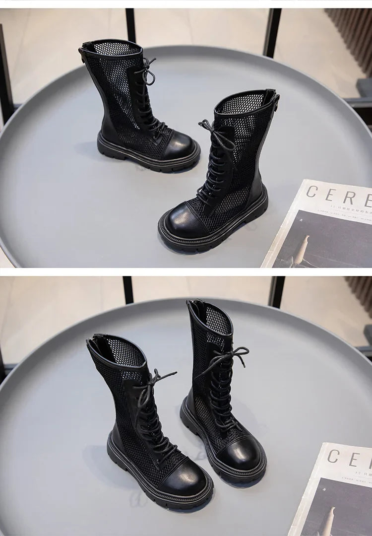 Children Summer Shoes Girls Fashion Sandals High-top Mesh Boots Net Breathable Shoelace Decoration with Zipper Cut-out Ins Style