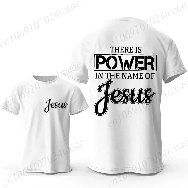Men Graphic T Shirt There Is Power in The Name of Jesus Print O Neck Short Sleeve Casual Streetwear Fashion T-Shirts Tops Gift