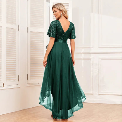 Vestido de Gala Elegante Feminino com Decote em V, Babados, Manga Curta, Evasê, Gaze Fofa e Bainha Irregular
