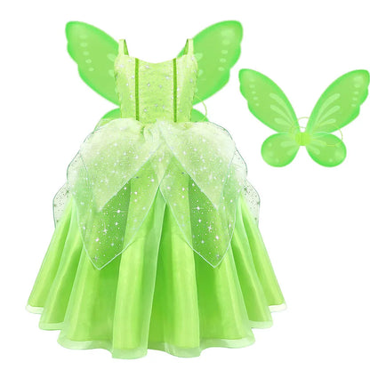 2024 Pixie Fairy Ball Gown Off Shoulder Suspenders Frock Tinker Cosplay Girls Delicate Fancy Princess Dress Toddler Elf Costume