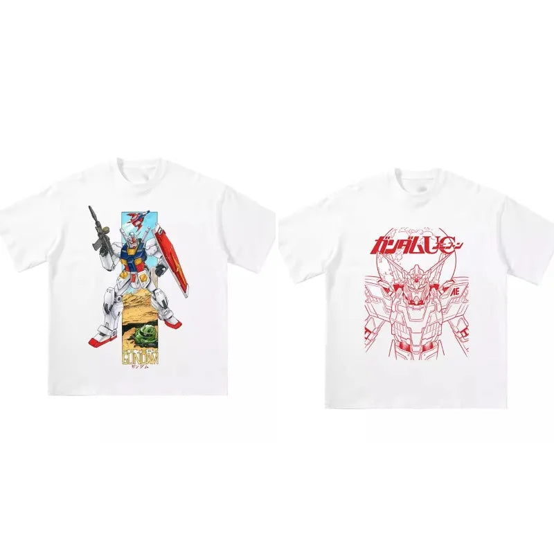 Japanese Anime All Cotton T-shirt Mobile Suit Gundam RX78 Design Picture Short Sleeved Hot Selling Loose Casual Couple Top