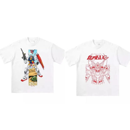 Japanese Anime All Cotton T-shirt Mobile Suit Gundam RX78 Design Picture Short Sleeved Hot Selling Loose Casual Couple Top