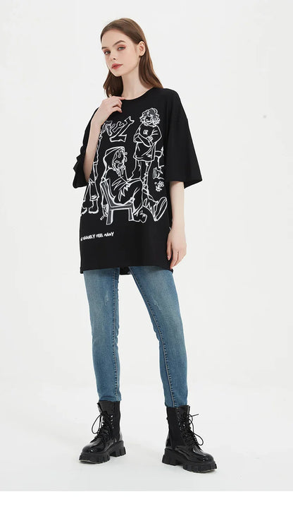 Harajuku Cartoon Girl Cat Japanese Kanji Graphic T Shirt Streetwear Men T-Shirt Summer Short Sleeve Tshirt Tops Tees Unisex