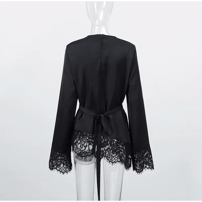 Women's Satin Blouse With Lace Trim Fashion O-neck Long Sleeve Lace Up Waist Irregular Tops 2026 Spring New Chic Lady Streetwear